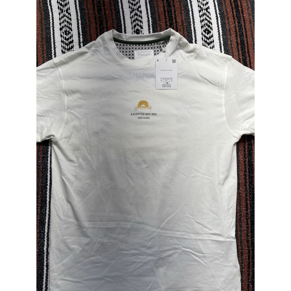 Denim & Flower Men's White Graphic Embroidered Relaxed Crew Neck T-Shirt L